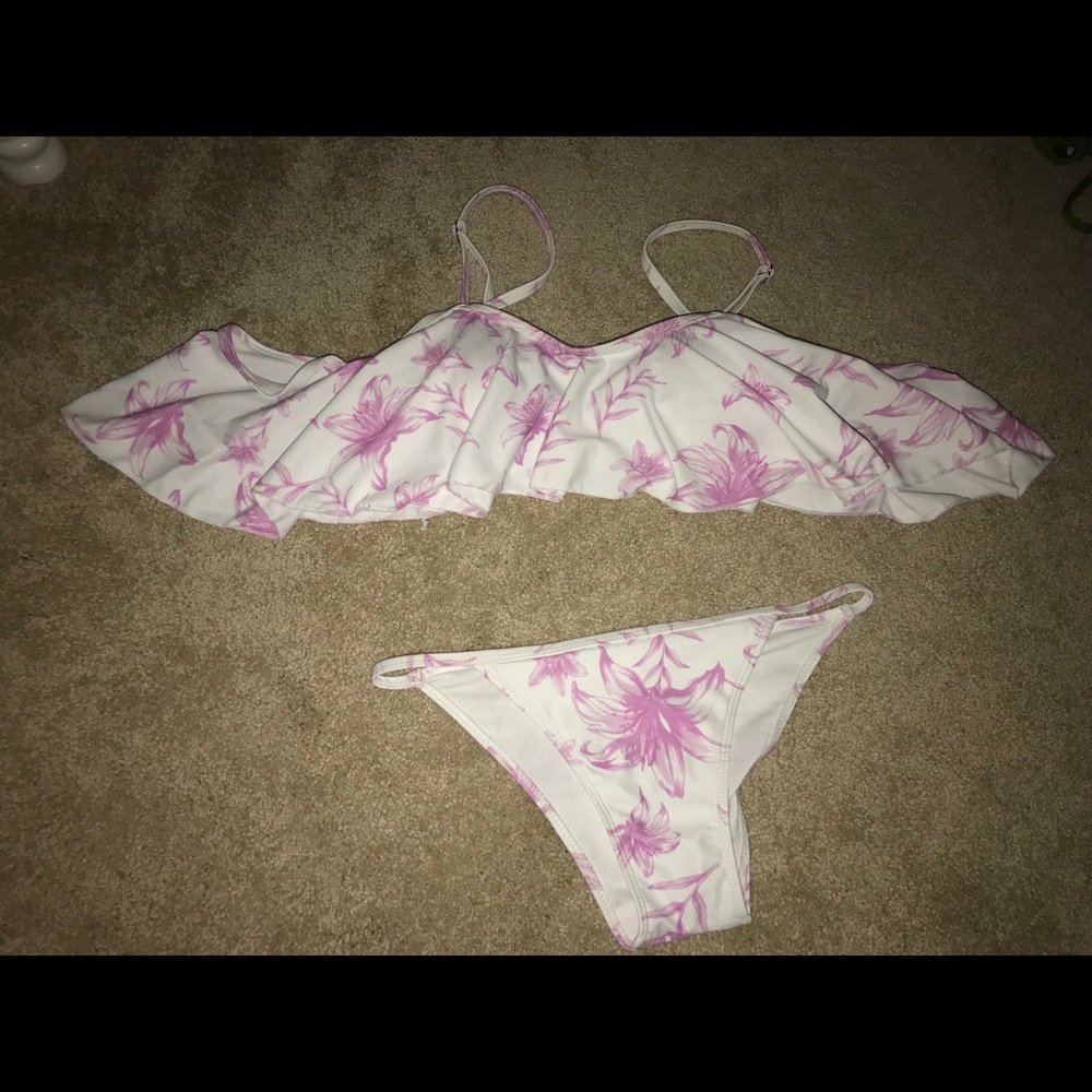 White and pink floral off the shoulder bathingsuit